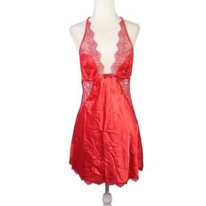 Victoria's Secret Red Satin and Lace Halter Mini Slip Dress L